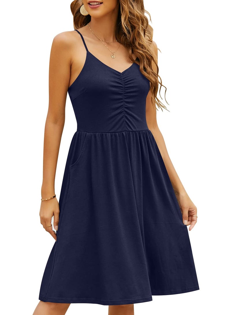 YATHON 2025 Cute Casual Dresses for Women Sleeveless Cotton Summer Beach Dress A Line Spaghetti Strap Sundresses with Pockets (XL, YT090-Navy) - Image 2